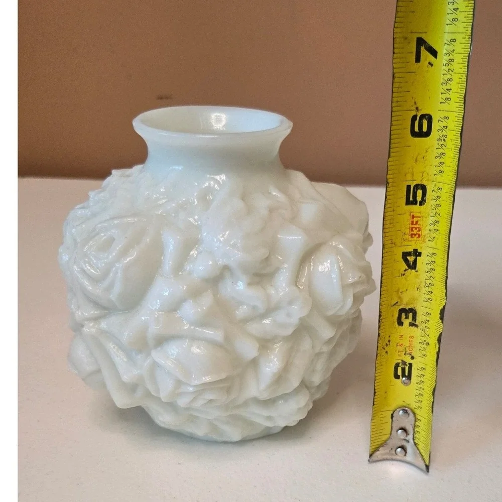 Vintage White Milk Glass Rose Bud Vase Embossed Floral Globe 4.5 inch